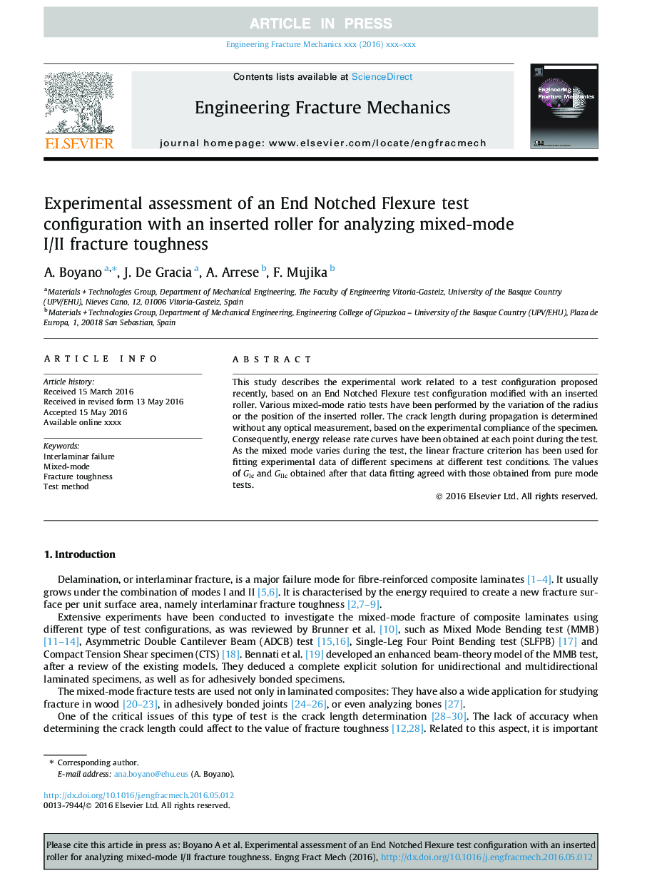 Experimental assessment of an End Notched Flexure test configuration with an inserted roller for analyzing mixed-mode I/II fracture toughness