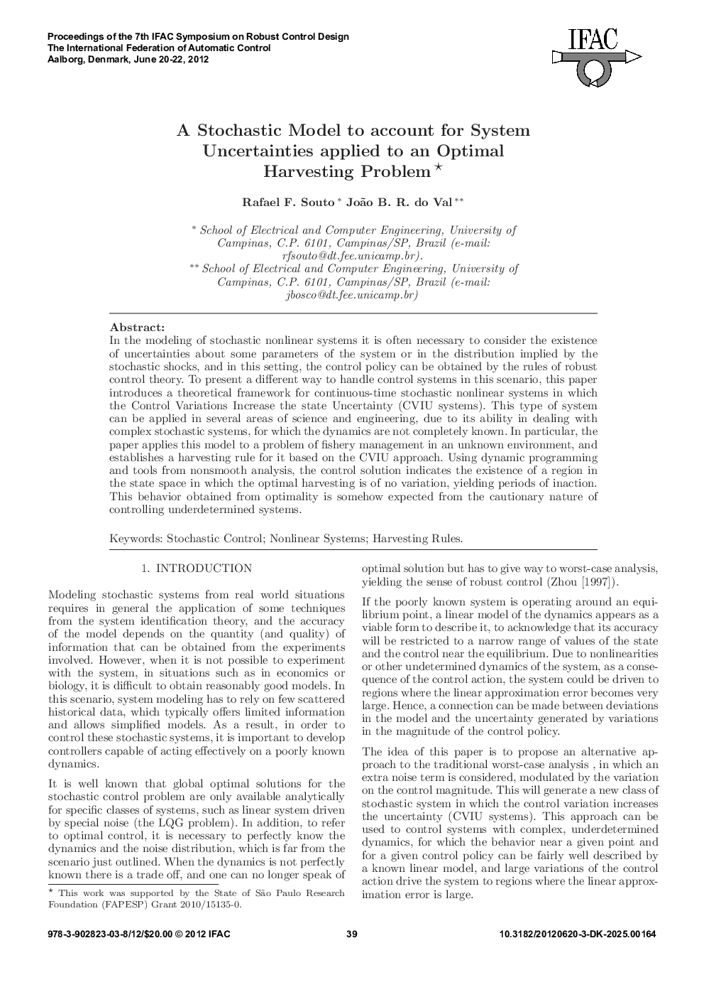 عکس صفحه اول مقاله: A Stochastic Model to account for System Uncertainties applied to an Optimal Harvesting Problem A Stochastic Model to account for System Uncertainties applied to an Optimal Harvesting Problem