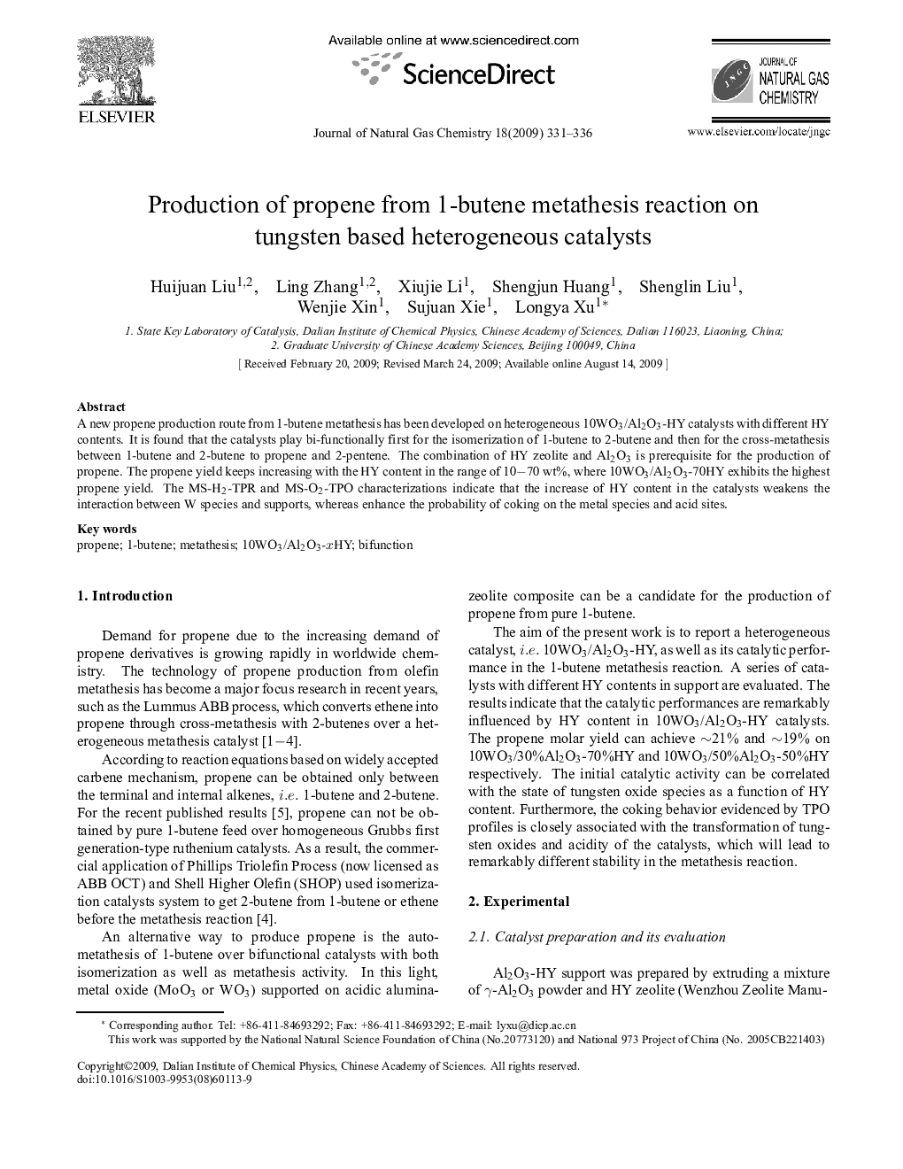 Production of propene from 1-butene metathesis reaction on tungsten based heterogeneous catalysts 