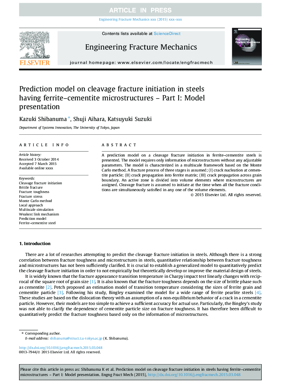 Prediction model on cleavage fracture initiation in steels having ferrite-cementite microstructures - Part I: Model presentation