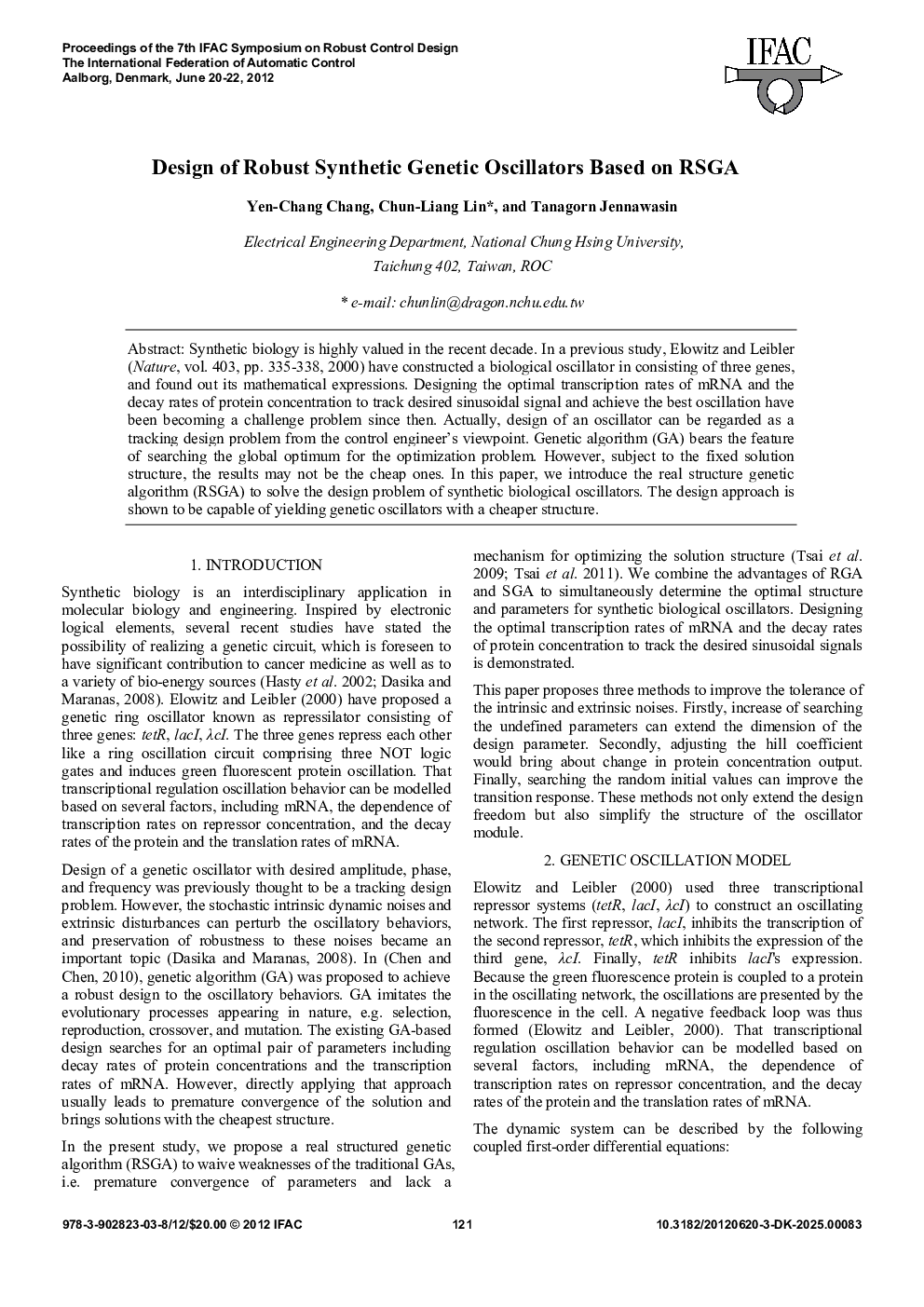 عکس صفحه اول مقاله: Design of Robust Synthetic Genetic Oscillators Based on RSGA Design of Robust Synthetic Genetic Oscillators Based on RSGA