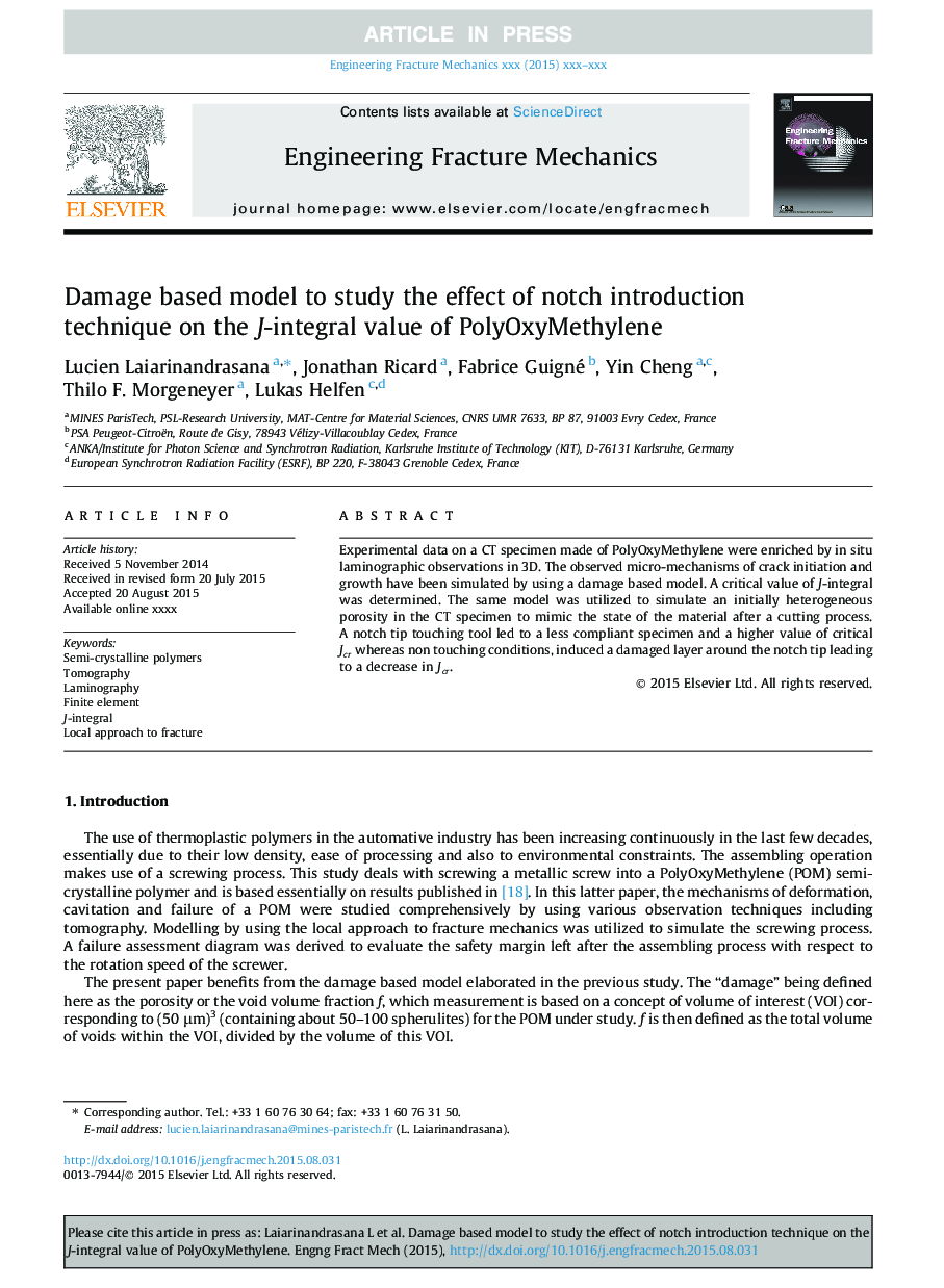 Damage based model to study the effect of notch introduction technique on the J-integral value of PolyOxyMethylene