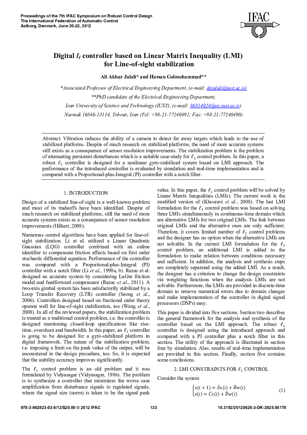 Digital l1 controller based on Linear Matrix Inequality (LMI) for Line-of-sight stabilization