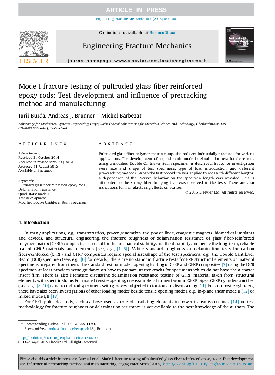 Mode I fracture testing of pultruded glass fiber reinforced epoxy rods: Test development and influence of precracking method and manufacturing