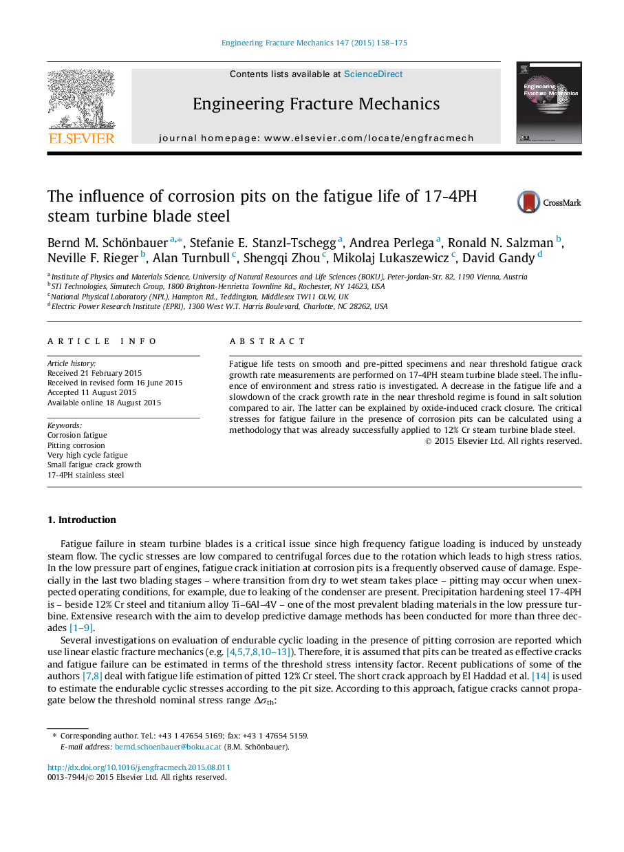 The influence of corrosion pits on the fatigue life of 17-4PH steam turbine blade steel