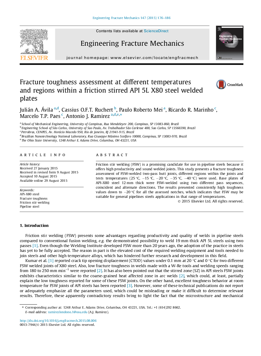 Fracture toughness assessment at different temperatures and regions within a friction stirred API 5L X80 steel welded plates