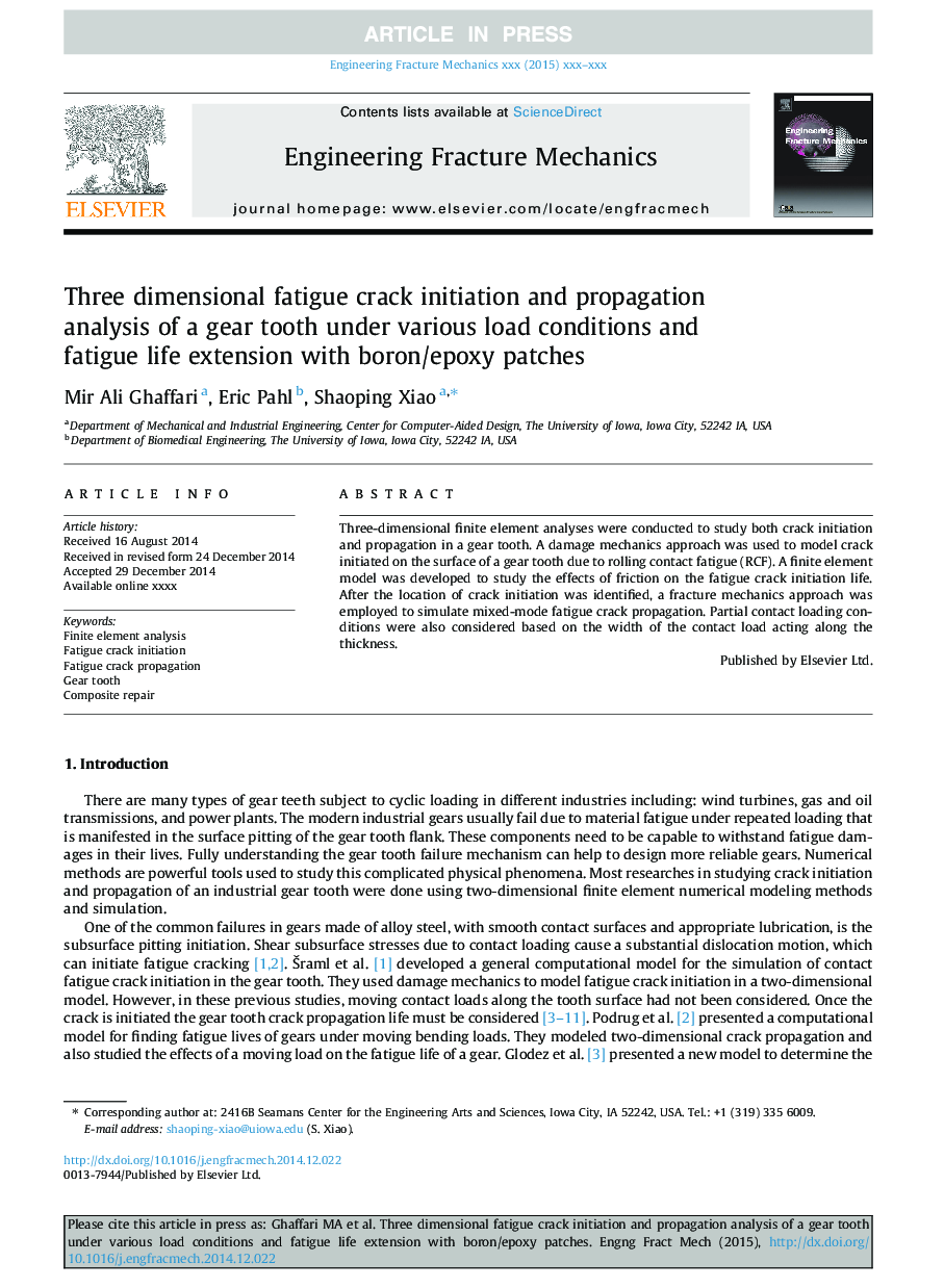 Three dimensional fatigue crack initiation and propagation analysis of a gear tooth under various load conditions and fatigue life extension with boron/epoxy patches