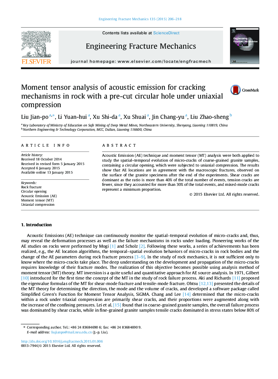 Moment tensor analysis of acoustic emission for cracking mechanisms in rock with a pre-cut circular hole under uniaxial compression