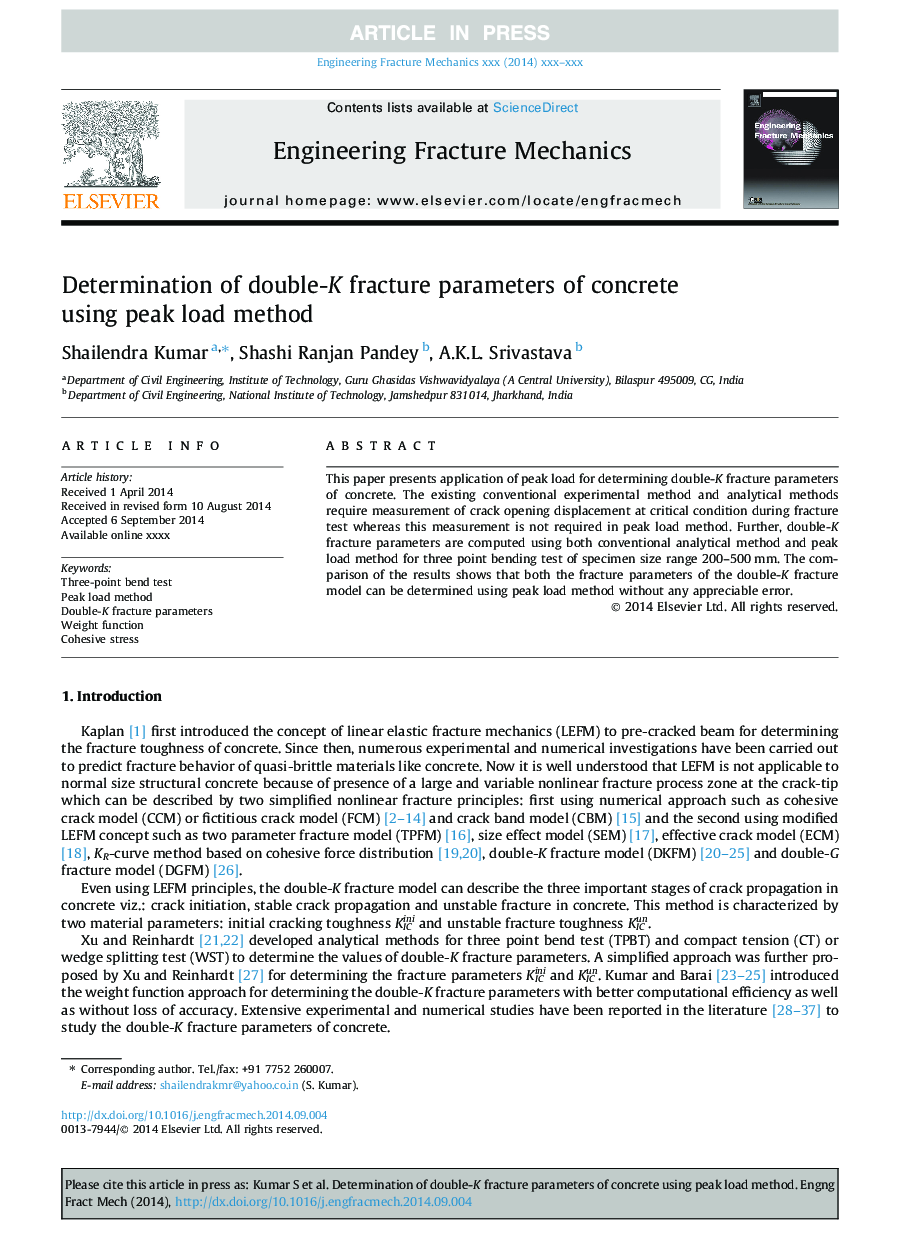 Determination of double-K fracture parameters of concrete using peak load method