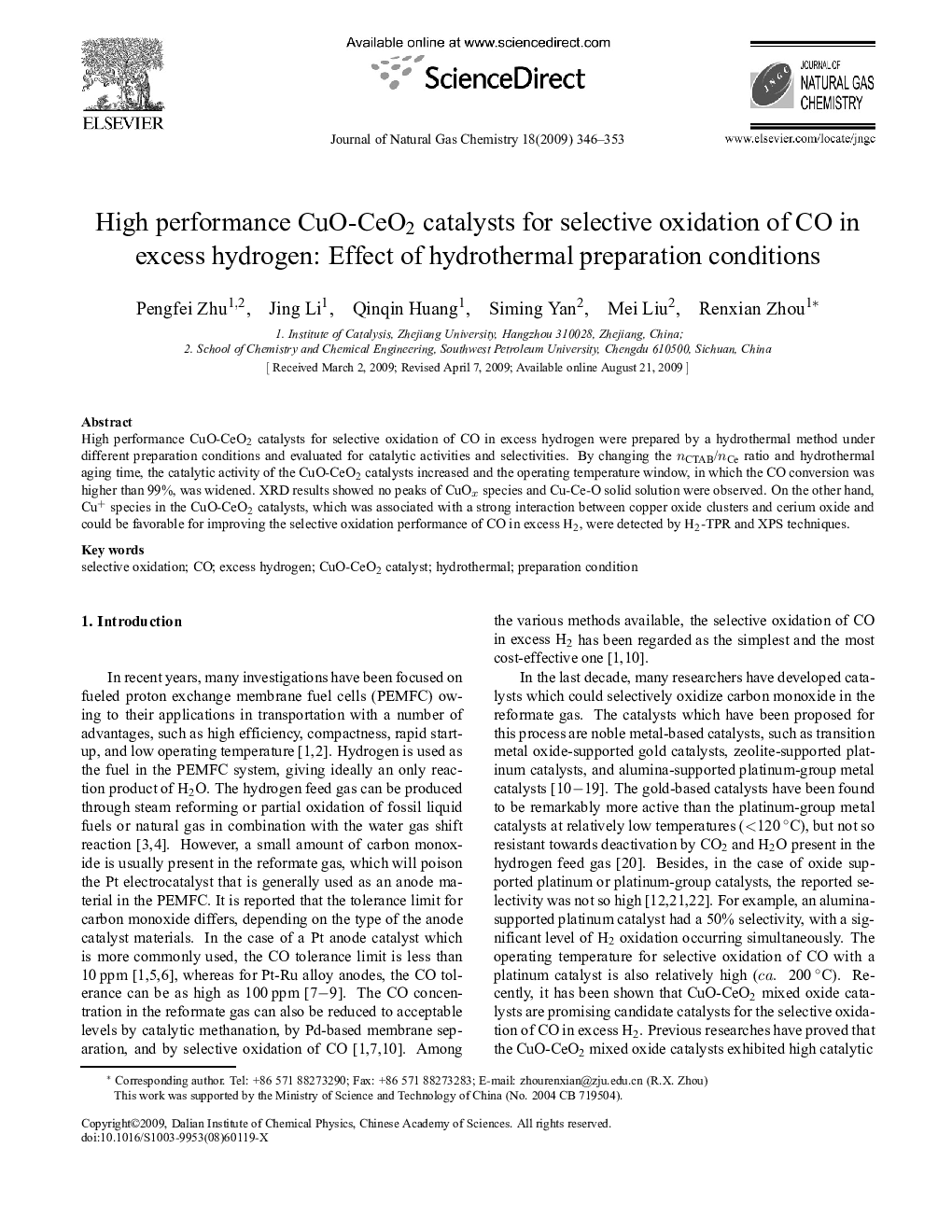 High performance CuO-CeO2 catalysts for selective oxidation of CO in excess hydrogen: Effect of hydrothermal preparation conditions 