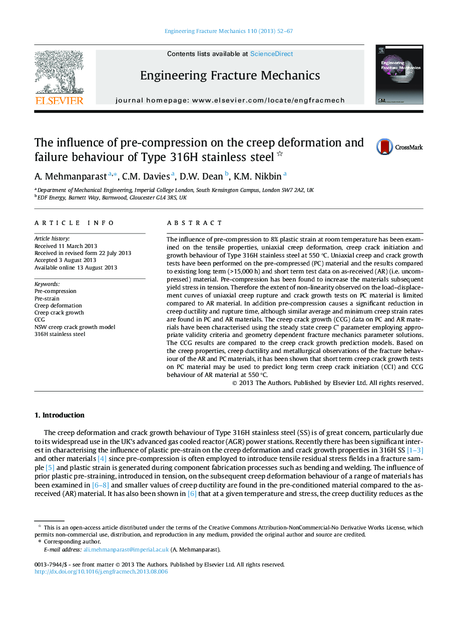 The influence of pre-compression on the creep deformation and failure behaviour of Type 316H stainless steel