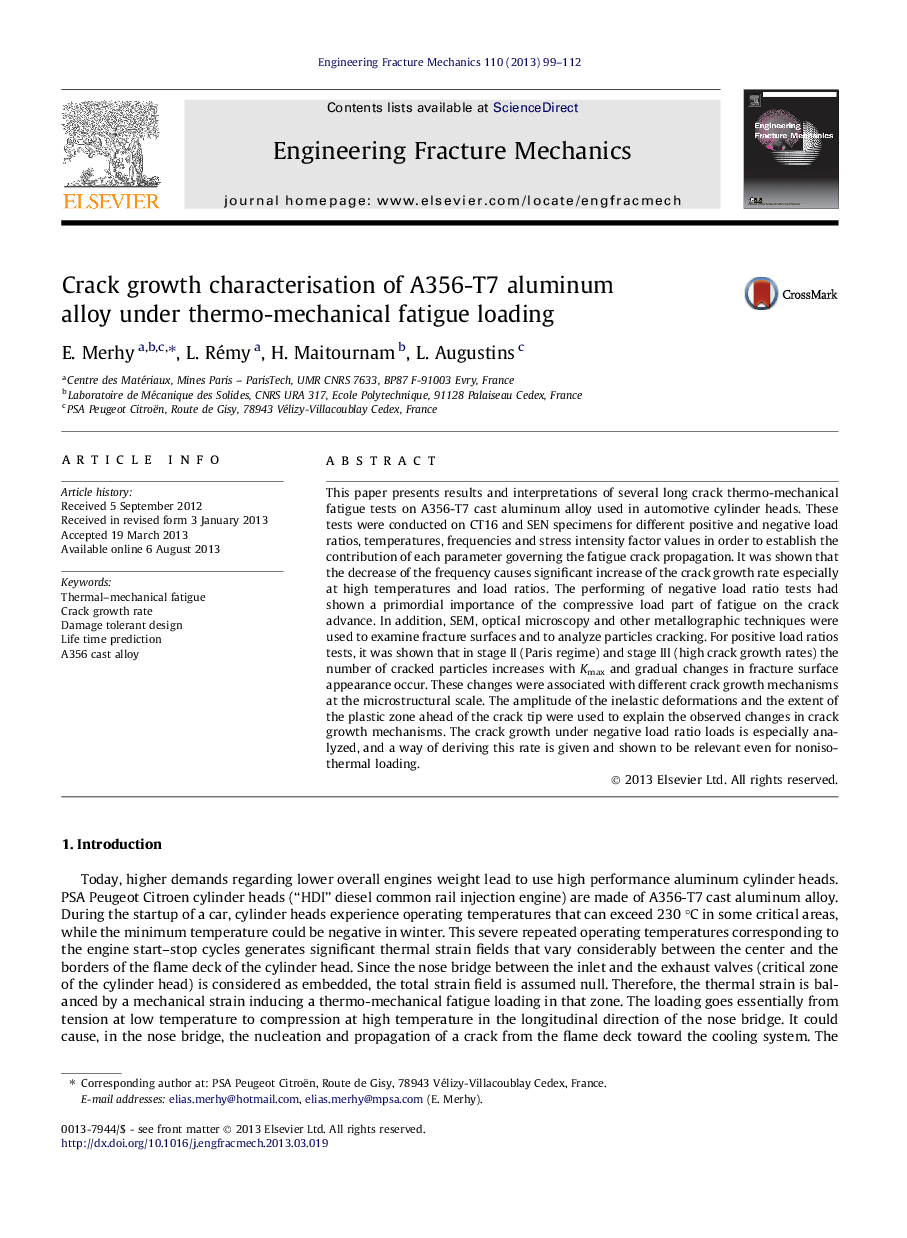 Crack growth characterisation of A356-T7 aluminum alloy under thermo-mechanical fatigue loading