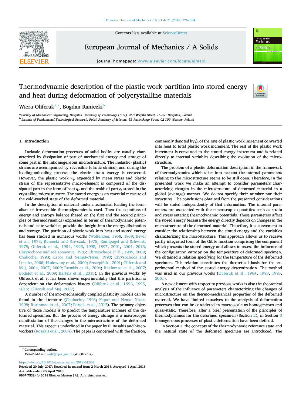 Thermodynamic description of the plastic work partition into stored energy and heat during deformation of polycrystalline materials