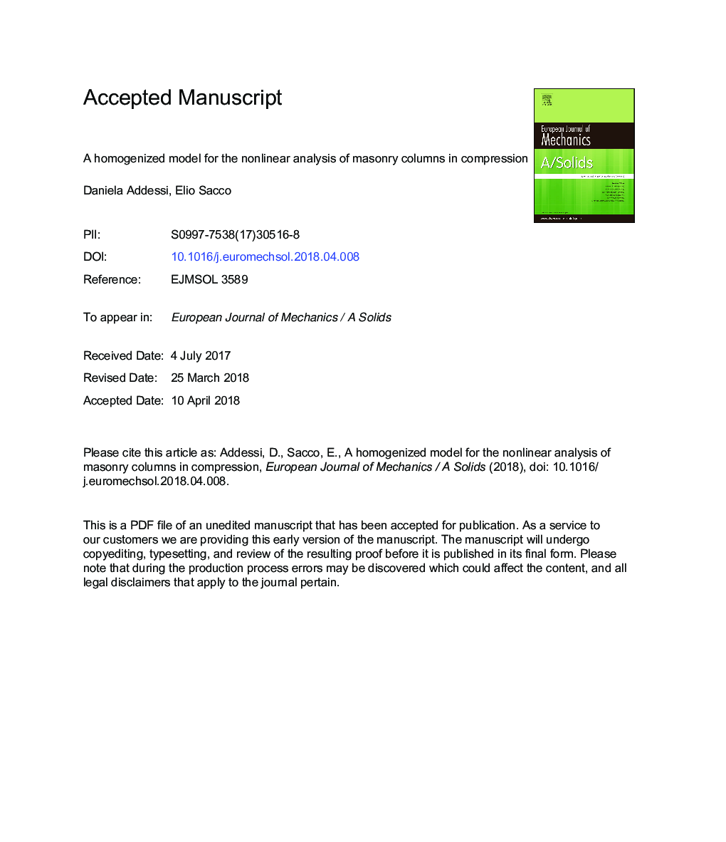 A homogenized model for the nonlinear analysis of masonry columns in compression