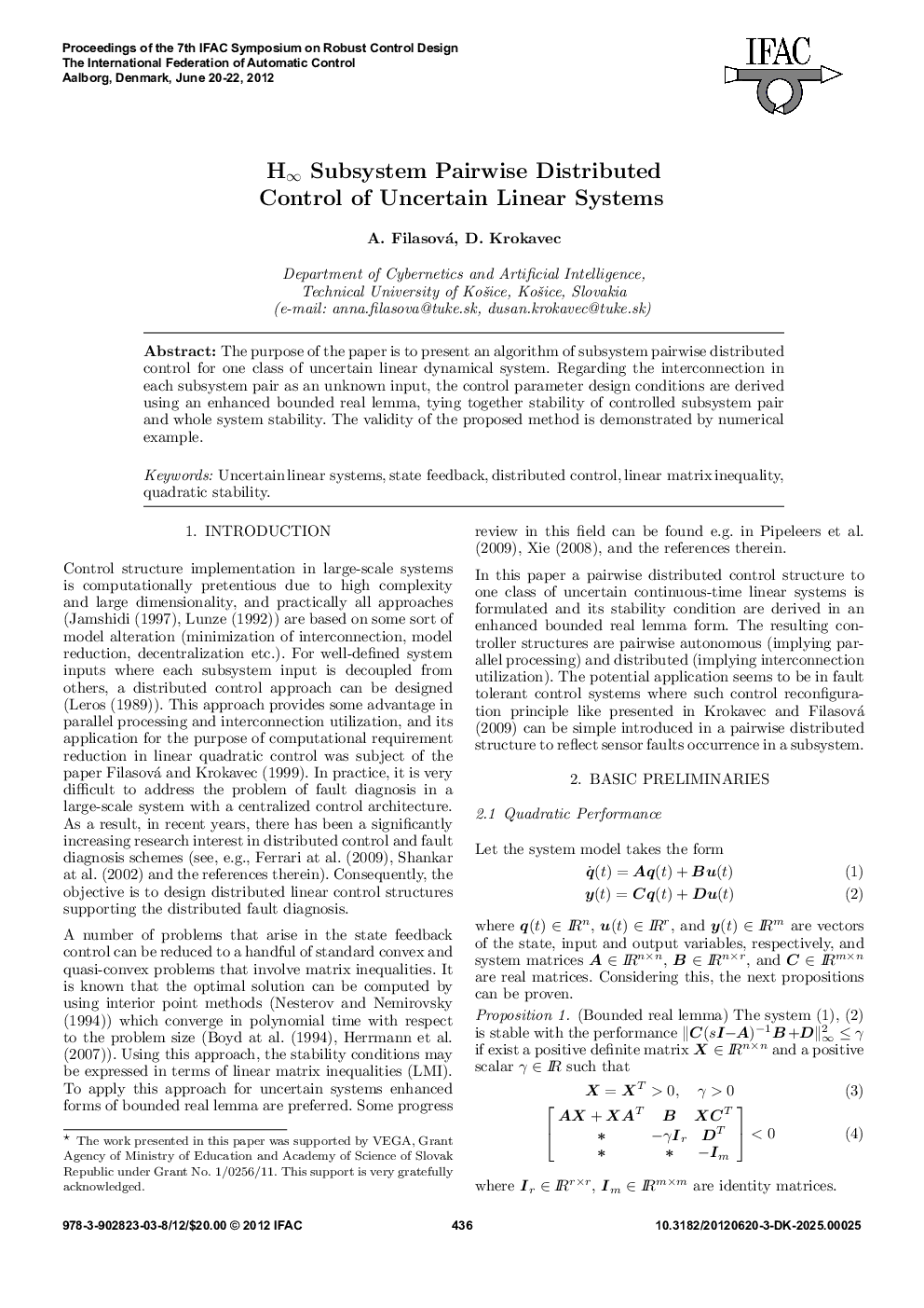 عکس صفحه اول مقاله: H∞ Subsystem Pairwise Distributed Control of Uncertain Linear Systems H∞ Subsystem Pairwise Distributed Control of Uncertain Linear Systems