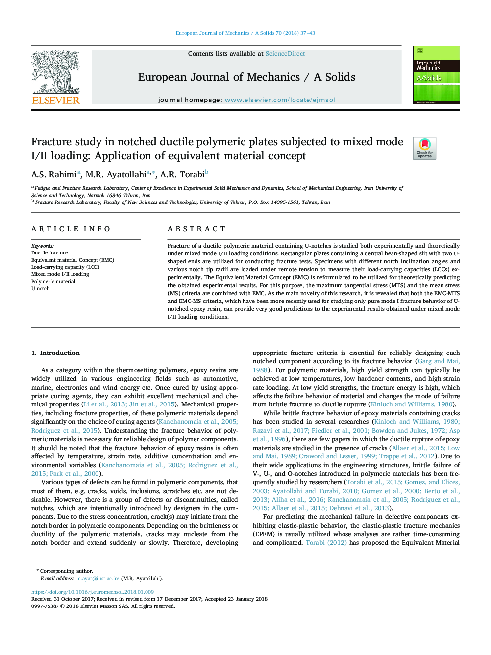 Fracture study in notched ductile polymeric plates subjected to mixed mode I/II loading: Application of equivalent material concept