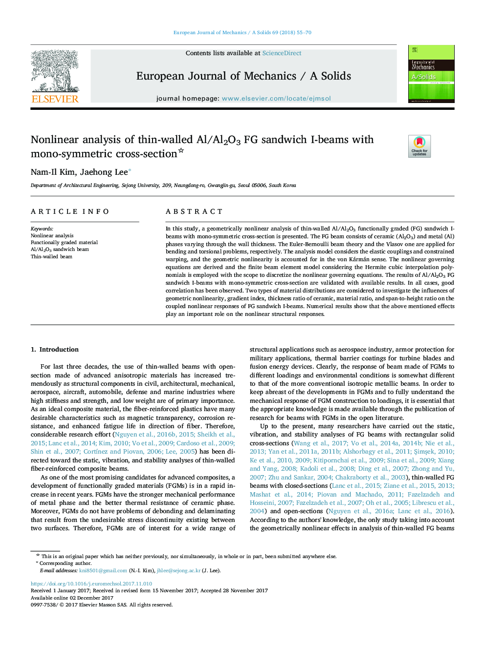 Nonlinear analysis of thin-walled Al/Al2O3 FG sandwich I-beams with mono-symmetric cross-section