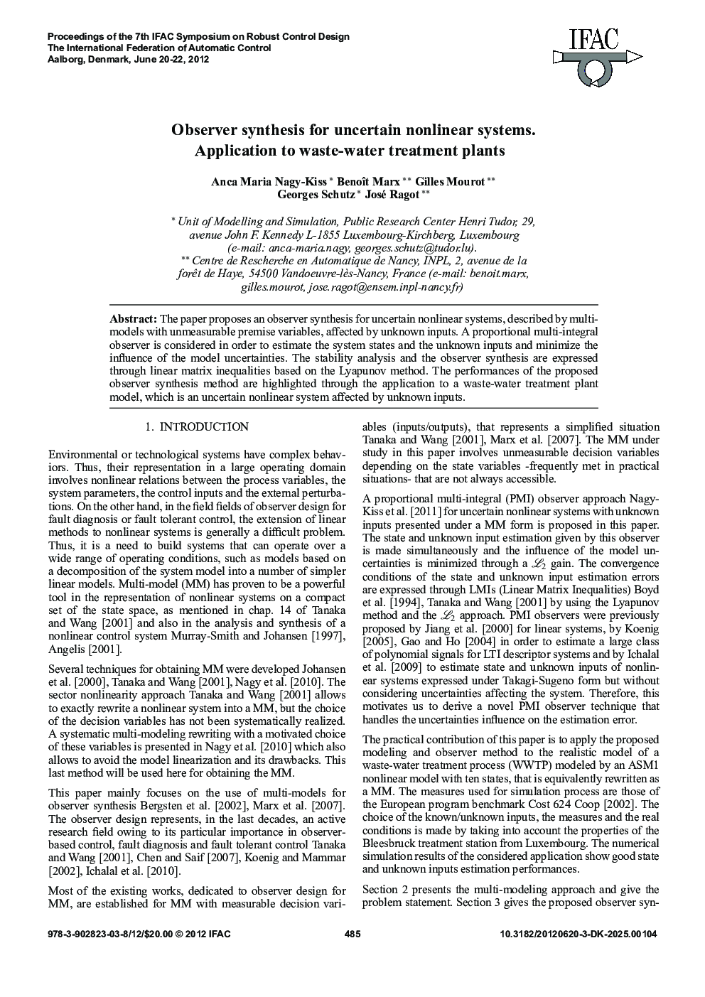 Observer synthesis for uncertain nonlinear systems. Application to waste-water treatment plants