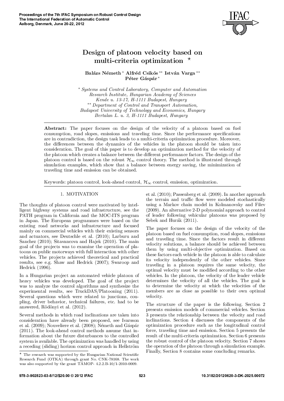 عکس صفحه اول مقاله: Design of platoon velocity based on multi-criteria optimization Design of platoon velocity based on multi-criteria optimization