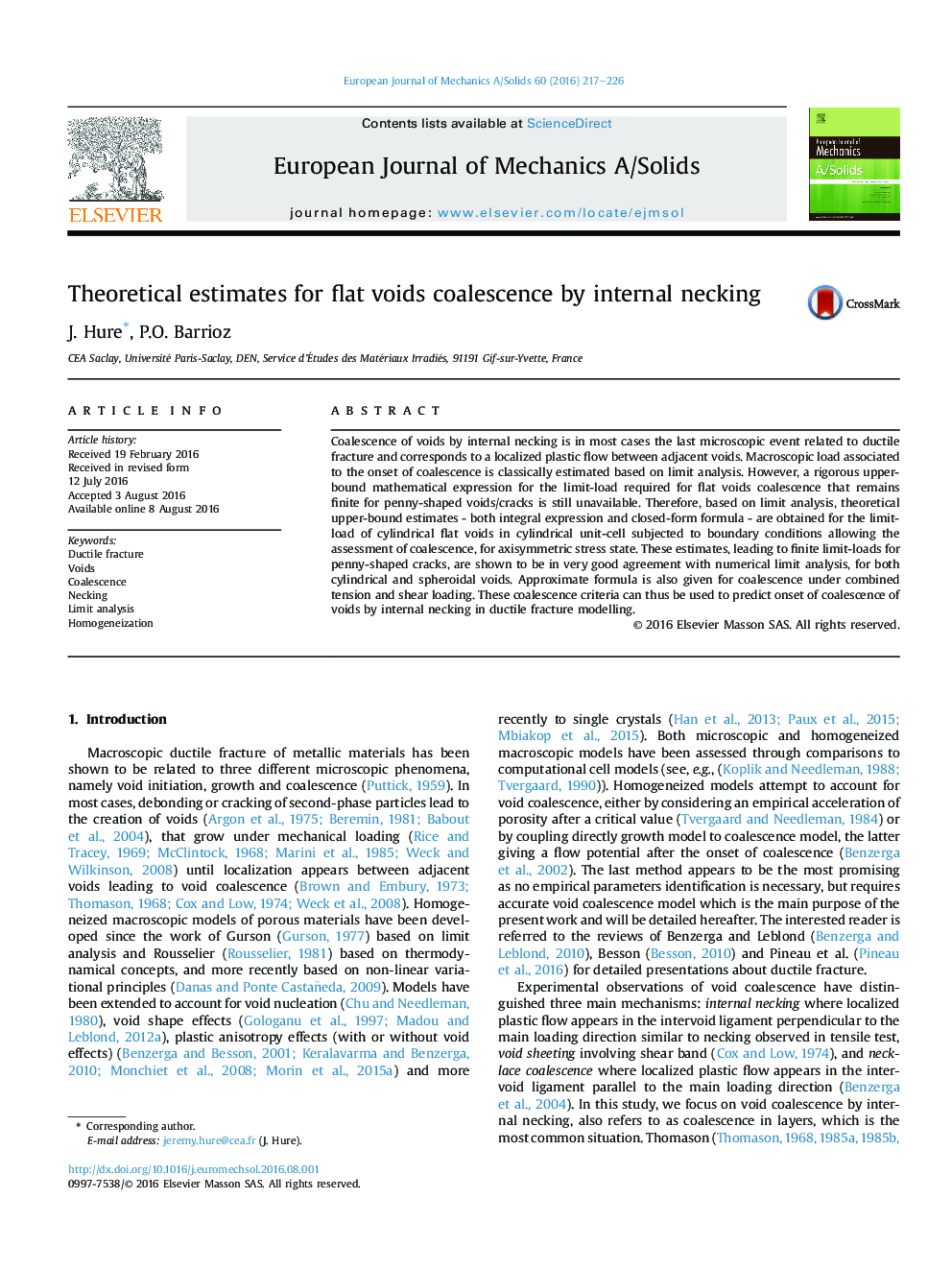 Theoretical estimates for flat voids coalescence by internal necking