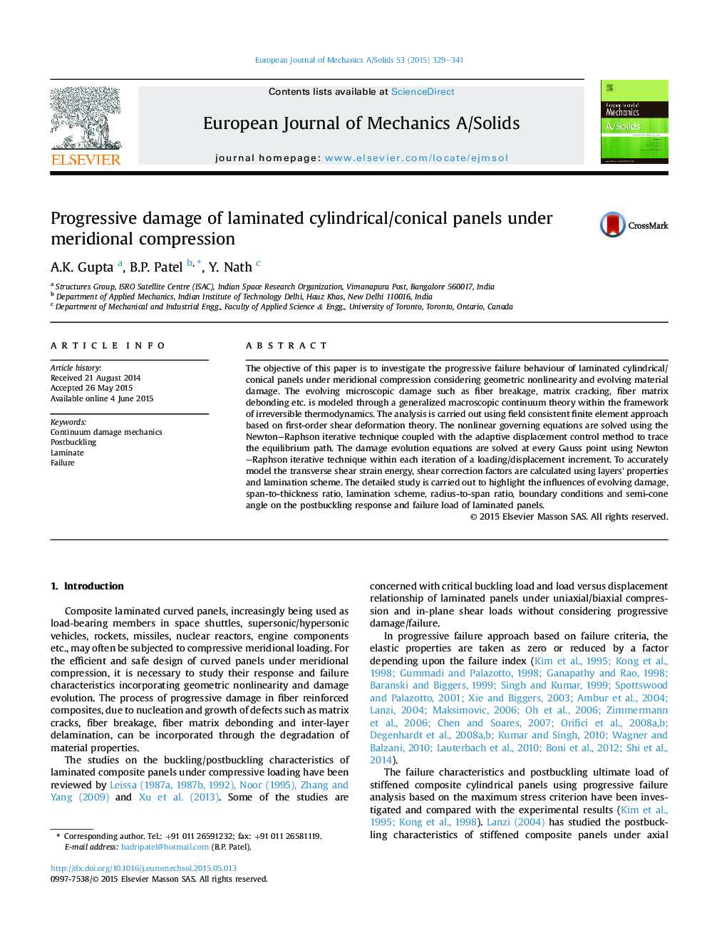 Progressive damage of laminated cylindrical/conical panels under meridional compression