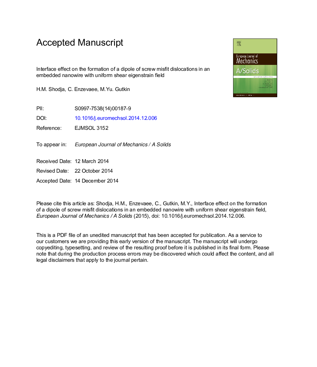 Interface effect on the formation of a dipole of screw misfit dislocations in an embedded nanowire with uniform shear eigenstrain field