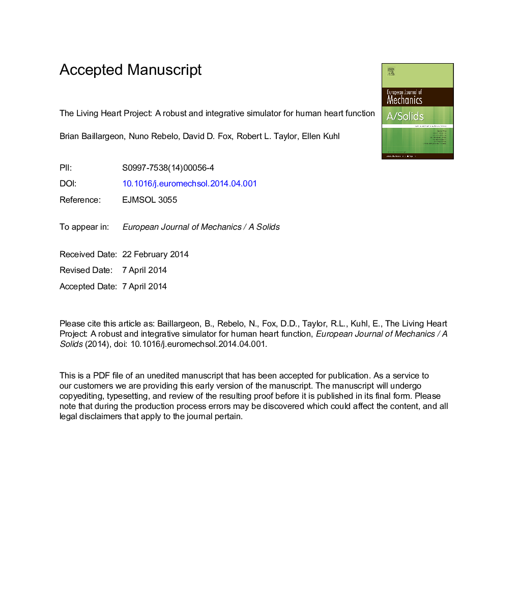 The Living Heart Project: A robust and integrative simulator for human heart function