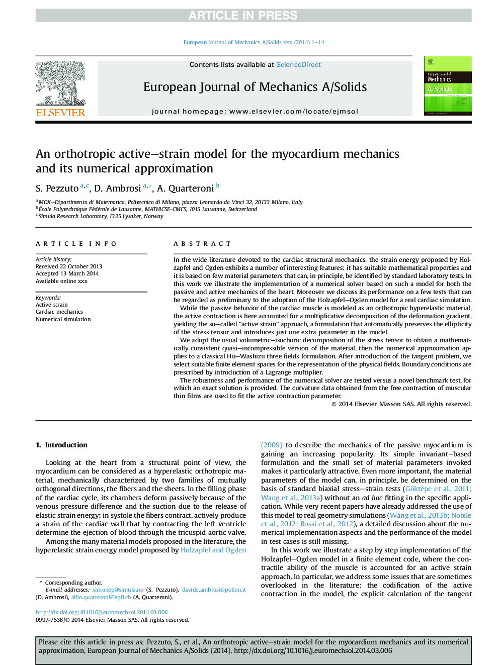 An orthotropic active-strain model for the myocardium mechanics and its numerical approximation