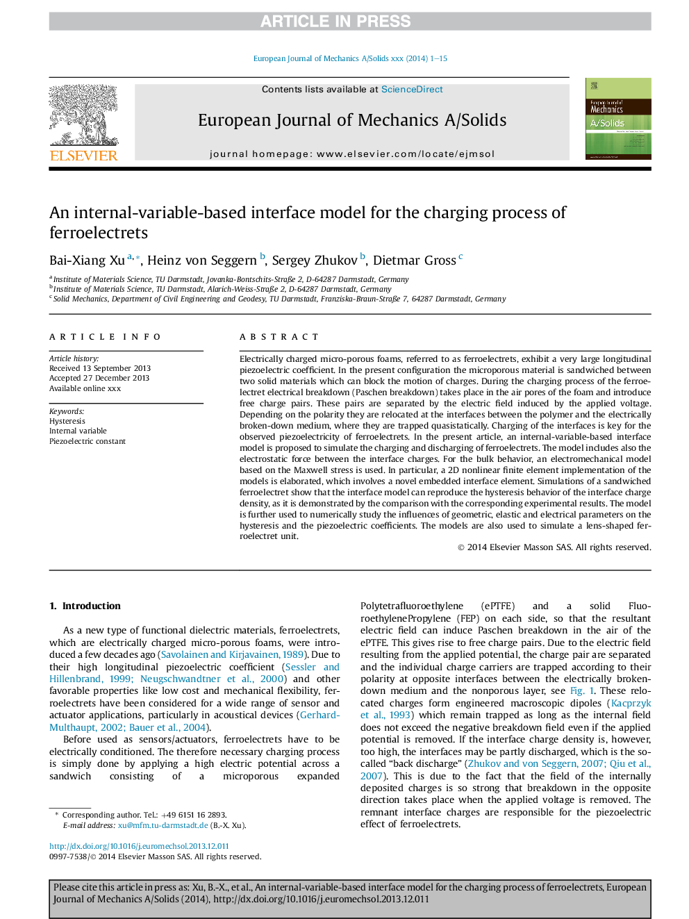 An internal-variable-based interface model for the charging process of ferroelectrets