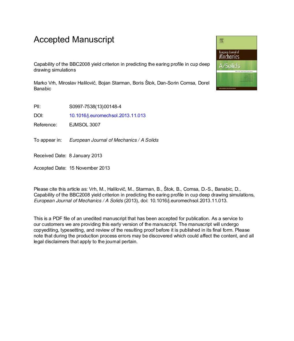 Capability of the BBC2008 yield criterion in predicting the earing profile in cup deep drawing simulations