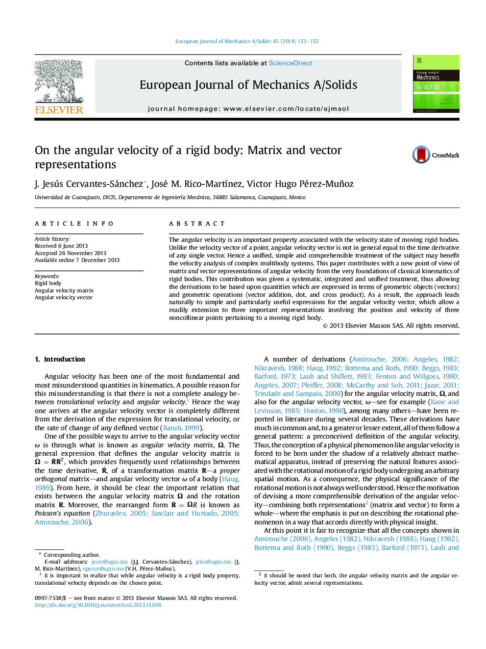 On the angular velocity of a rigid body: Matrix and vector representations