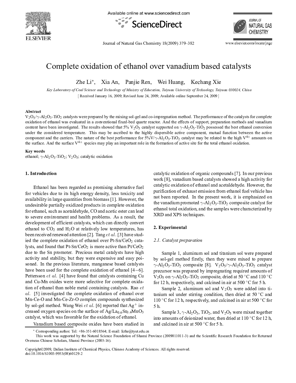 Complete oxidation of ethanol over vanadium based catalysts 