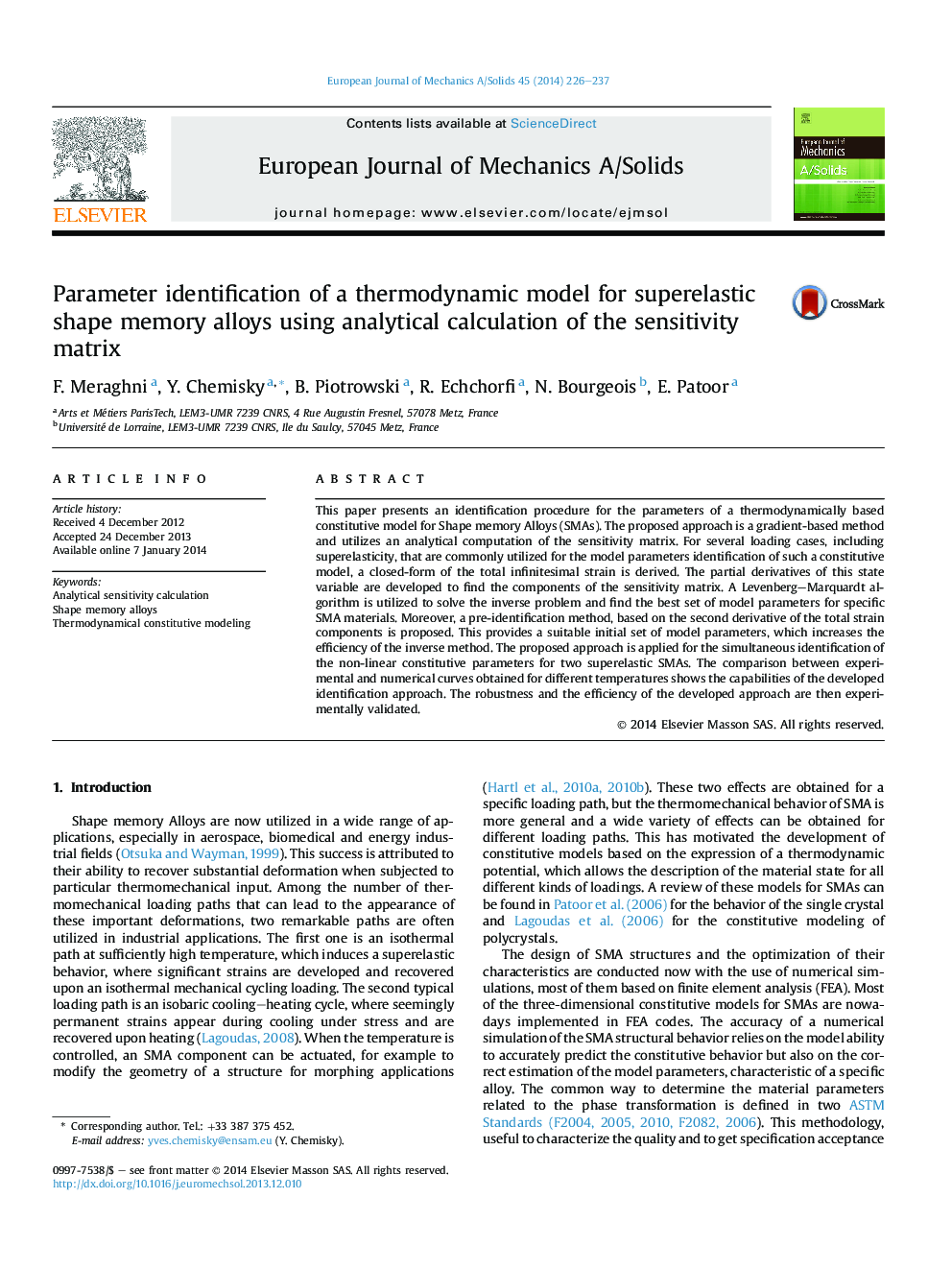 Parameter identification of a thermodynamic model for superelastic shape memory alloys using analytical calculation of the sensitivity matrix