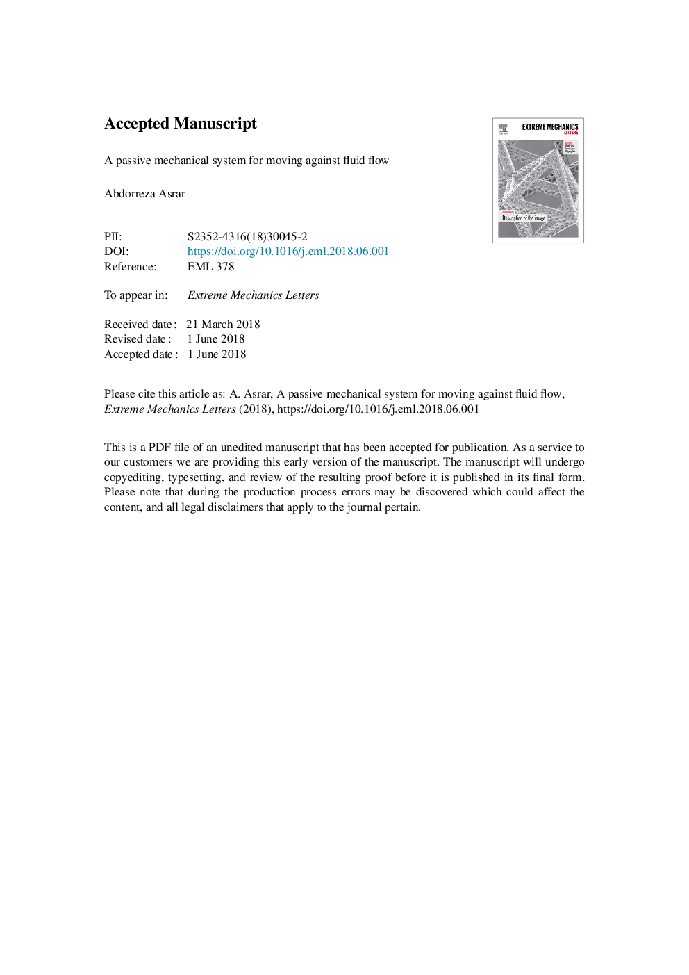 A passive mechanical system for moving against fluid flow