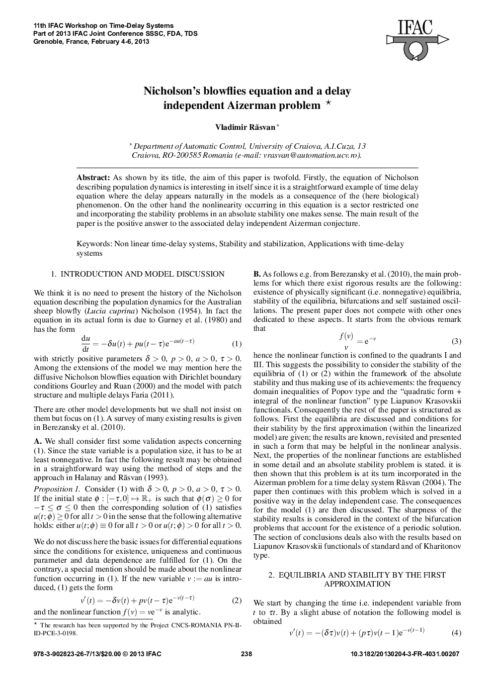 Nicholson's blowflies equation and a delay independent Aizerman problem * 
