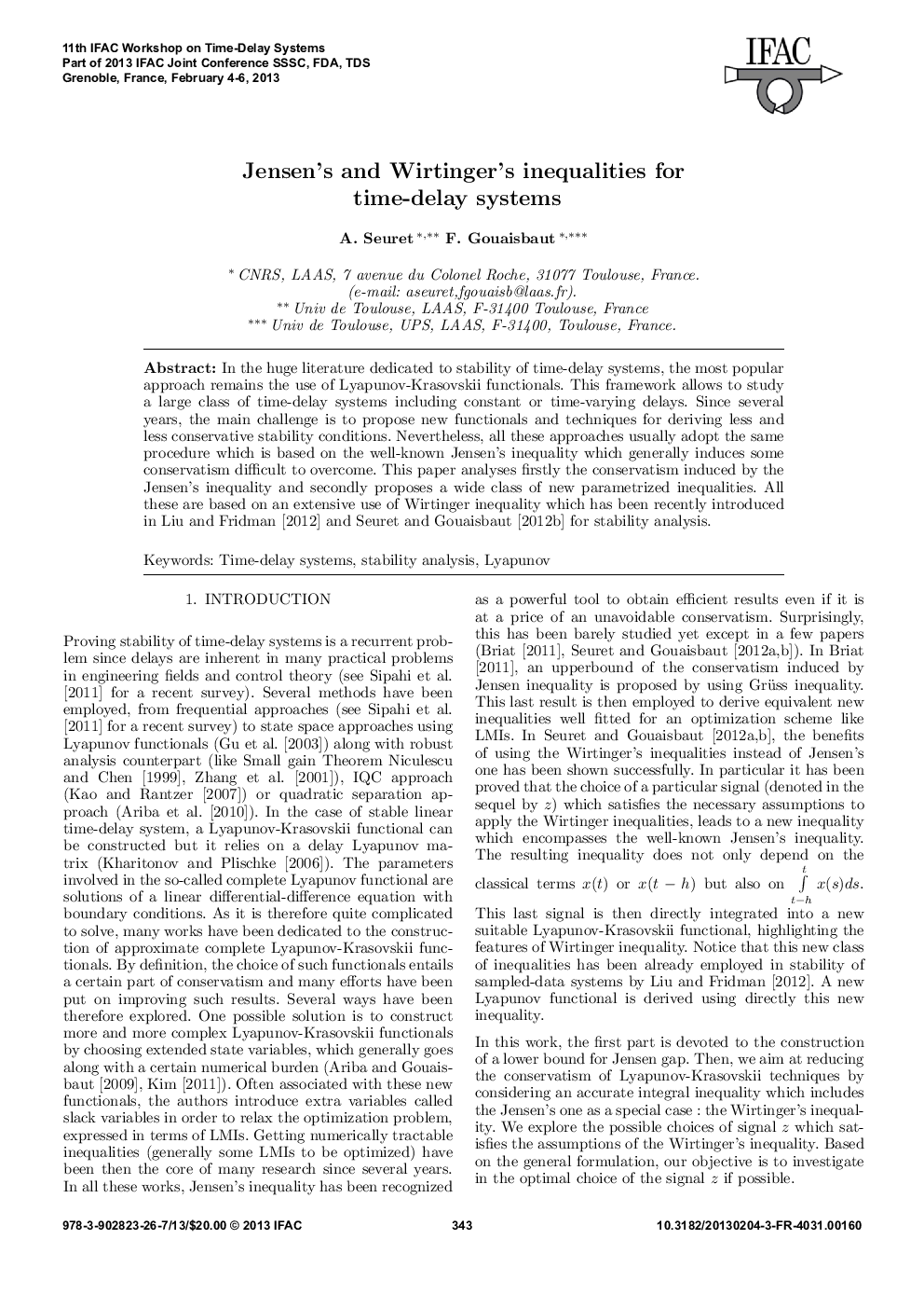 Jensen's and Wirtinger's inequalities for time-delay systems