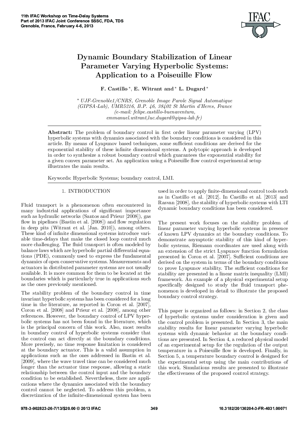 عکس صفحه اول مقاله: Dynamic Boundary Stabilization of Linear Parameter Varying Hyperbolic Systems: Application to a Poiseuille Flow Dynamic Boundary Stabilization of Linear Parameter Varying Hyperbolic Systems: Application to a Poiseuille Flow