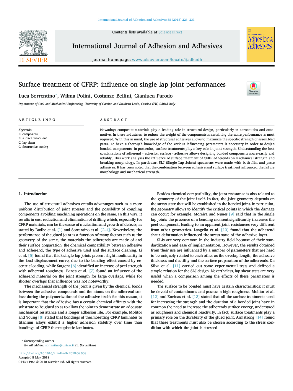 Surface treatment of CFRP: influence on single lap joint performances