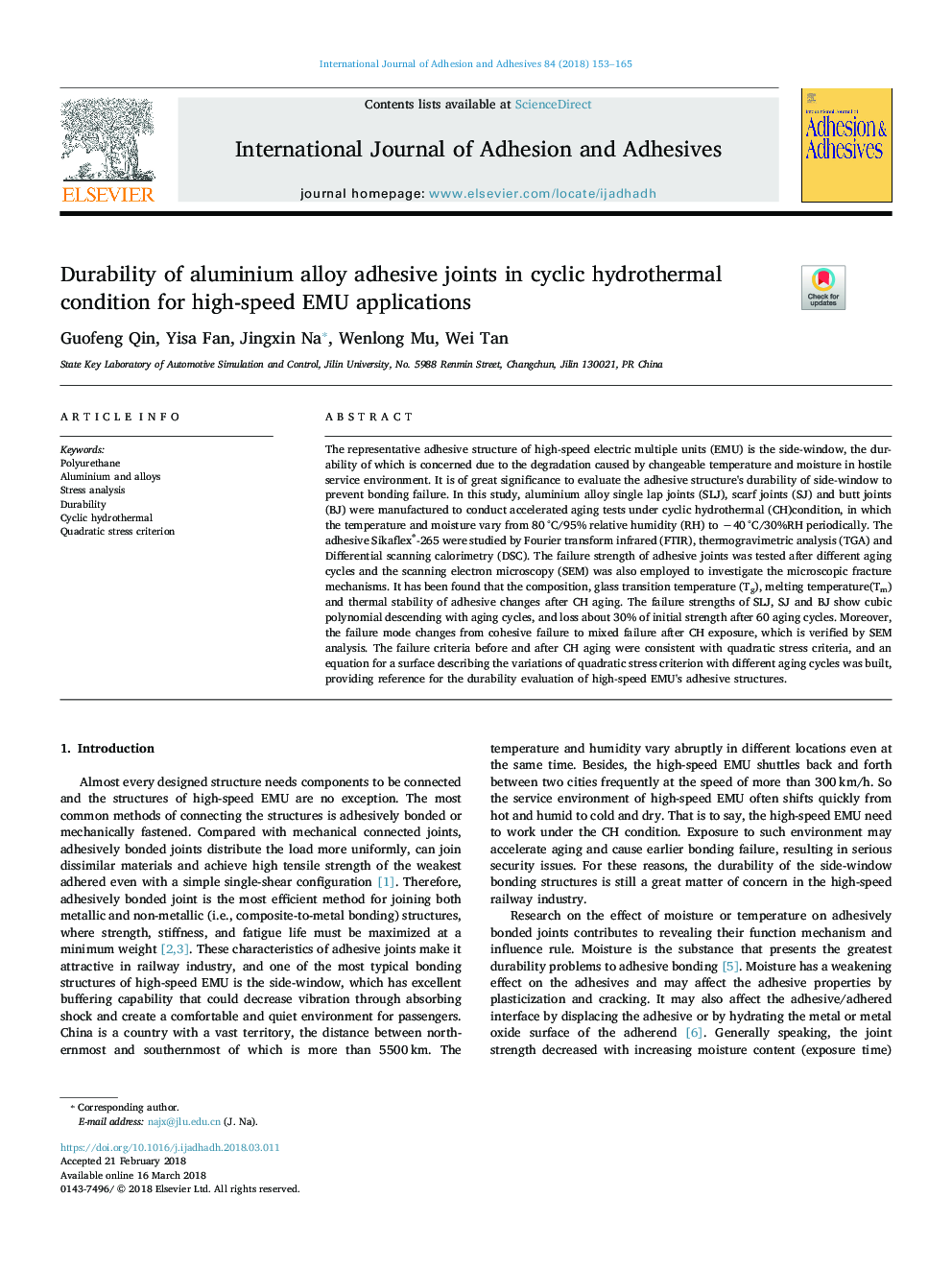 Durability of aluminium alloy adhesive joints in cyclic hydrothermal condition for high-speed EMU applications