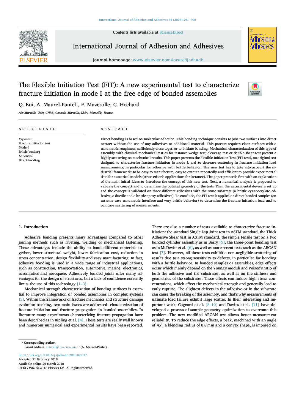 The Flexible Initiation Test (FIT): A new experimental test to characterize fracture initiation in mode I at the free edge of bonded assemblies