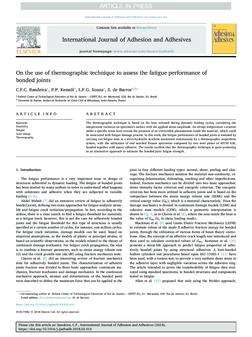 On the use of thermographic technique to assess the fatigue performance of bonded joints