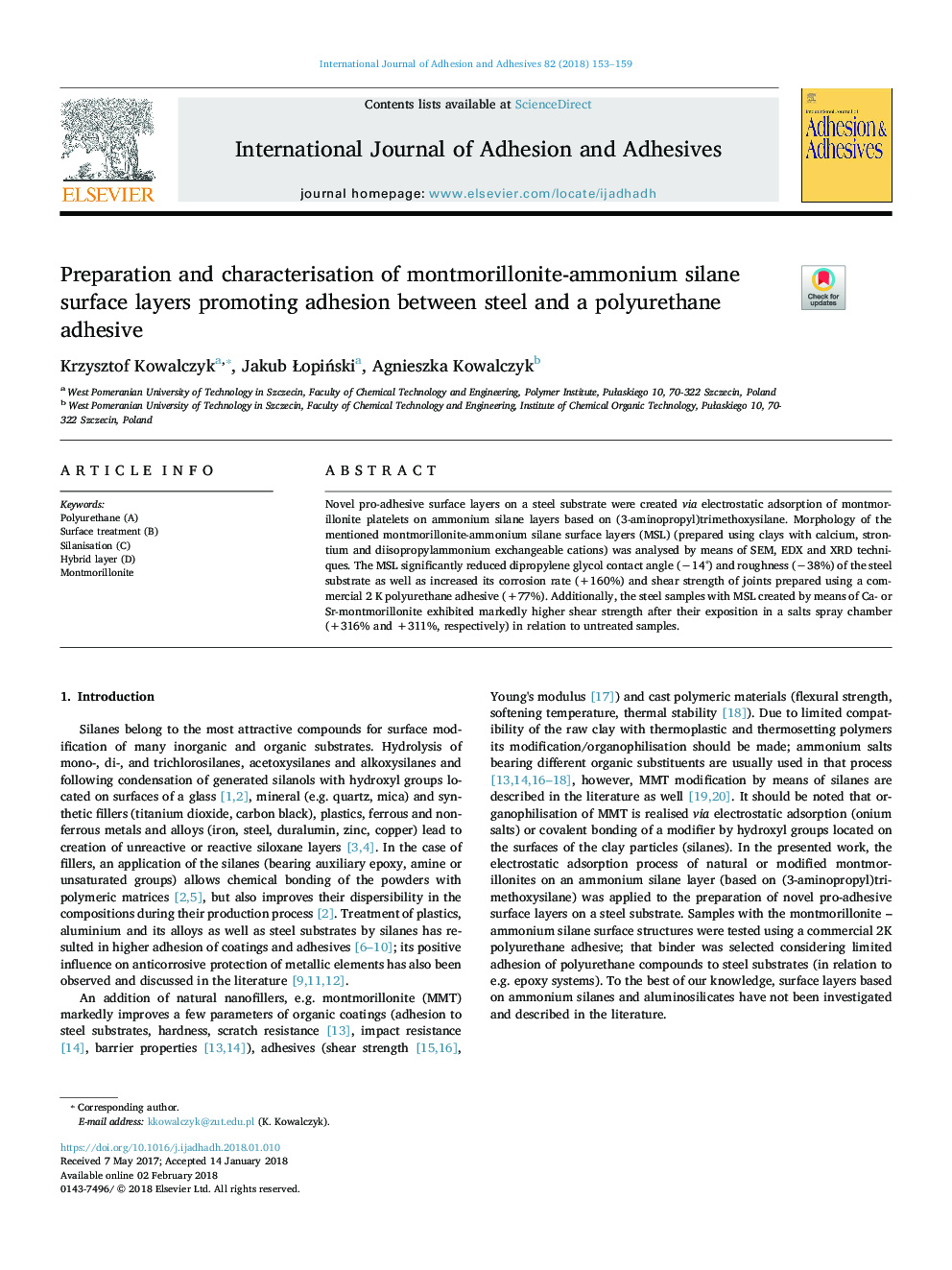 Preparation and characterisation of montmorillonite-ammonium silane surface layers promoting adhesion between steel and a polyurethane adhesive