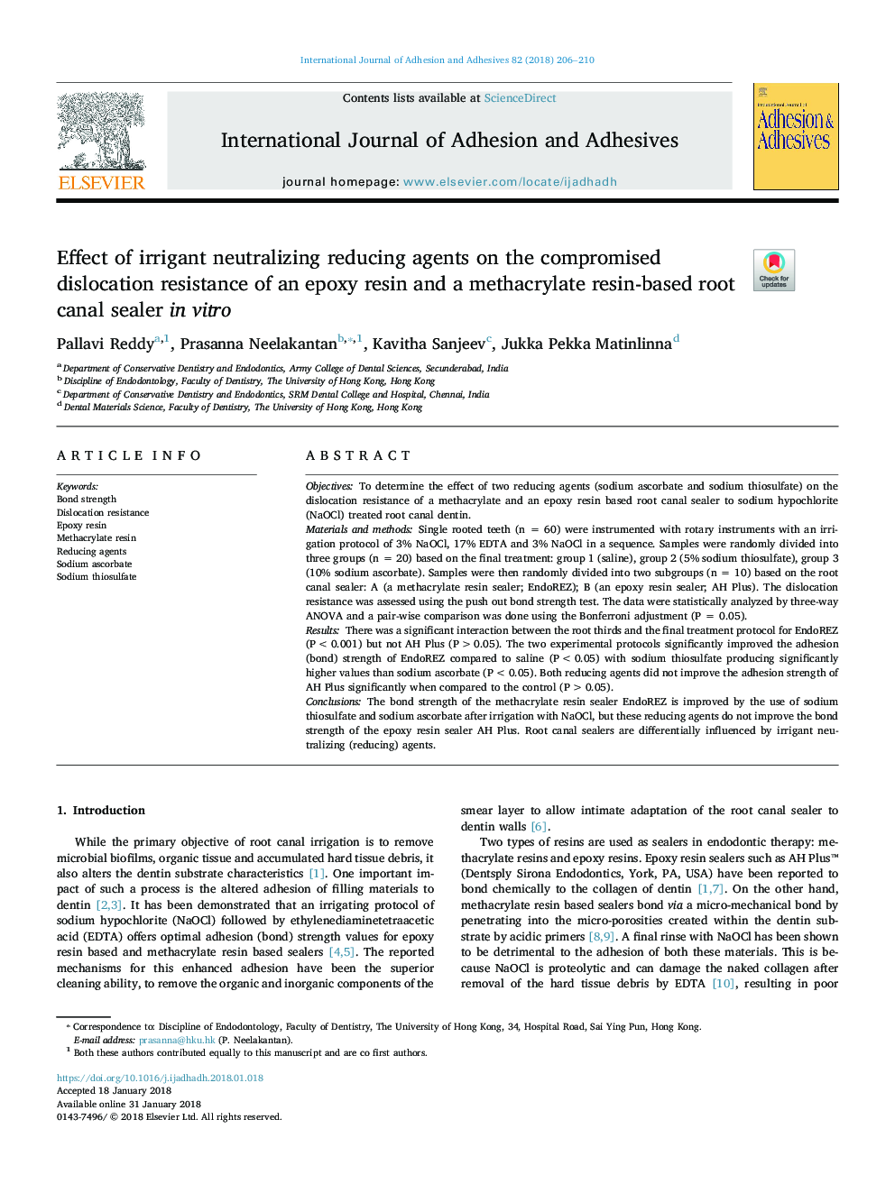 عکس صفحه اول مقاله: Effect of irrigant neutralizing reducing agents on the compromised dislocation resistance of an epoxy resin and a methacrylate resin-based root canal sealer in vitro Effect of irrigant neutralizing reducing agents on the compromised dislocation resistance of an epoxy resin and a methacrylate resin-based root canal sealer in vitro