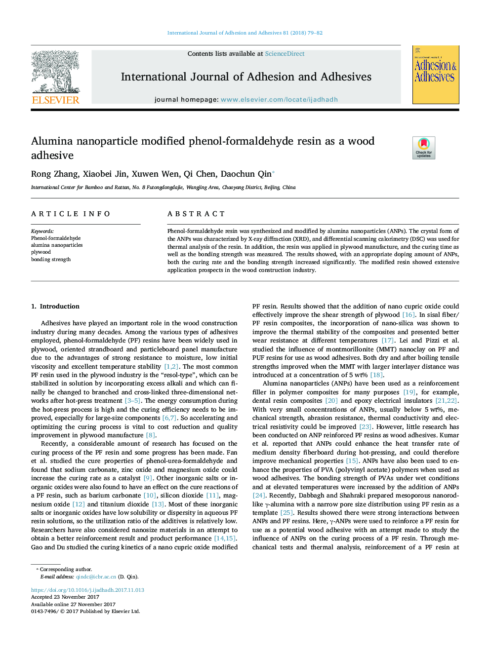 Alumina nanoparticle modified phenol-formaldehyde resin as a wood adhesive