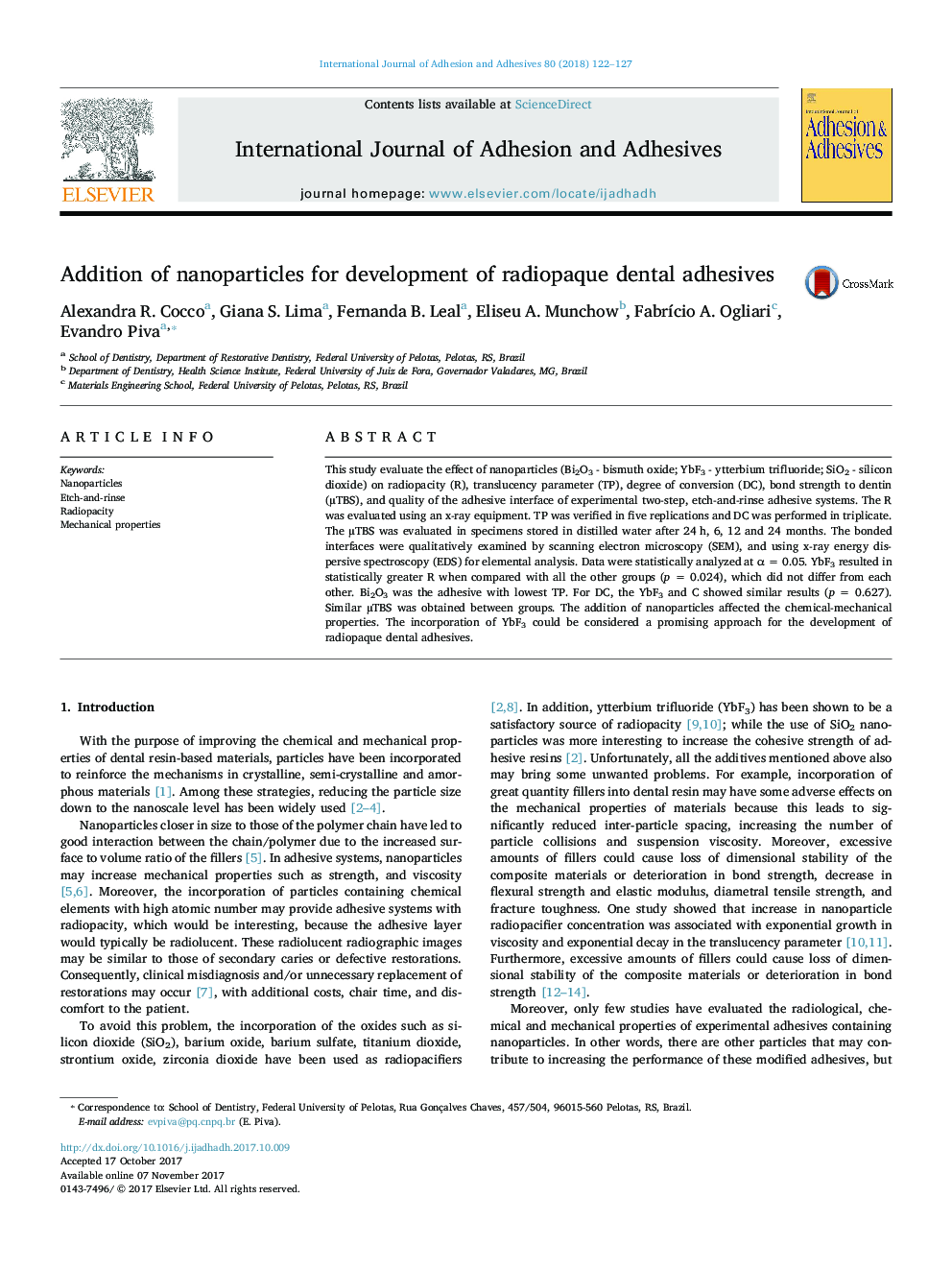 Addition of nanoparticles for development of radiopaque dental adhesives