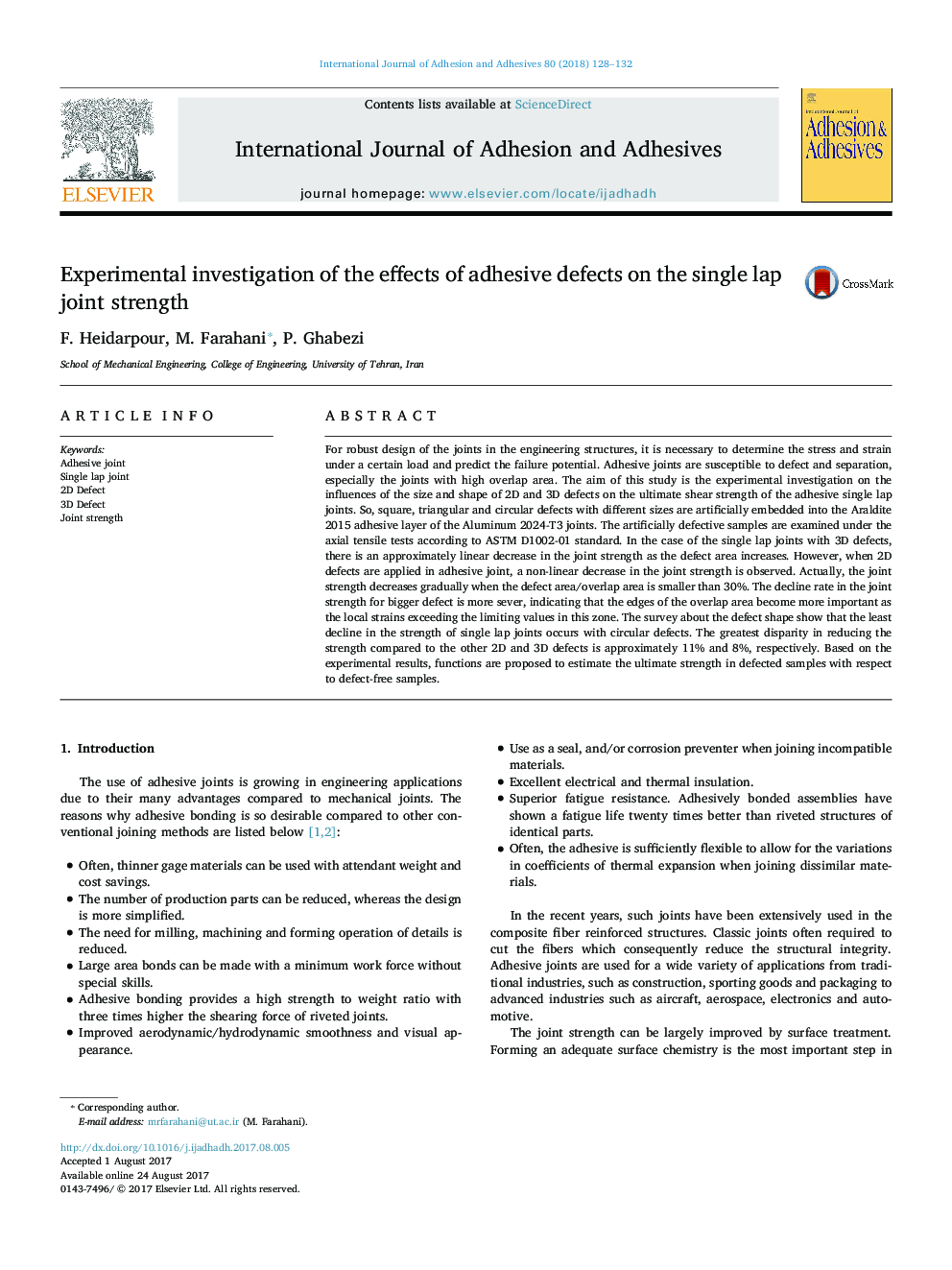 Experimental investigation of the effects of adhesive defects on the single lap joint strength