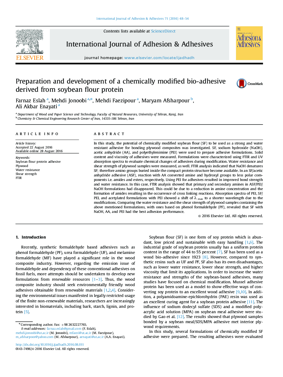 Preparation and development of a chemically modified bio-adhesive derived from soybean flour protein