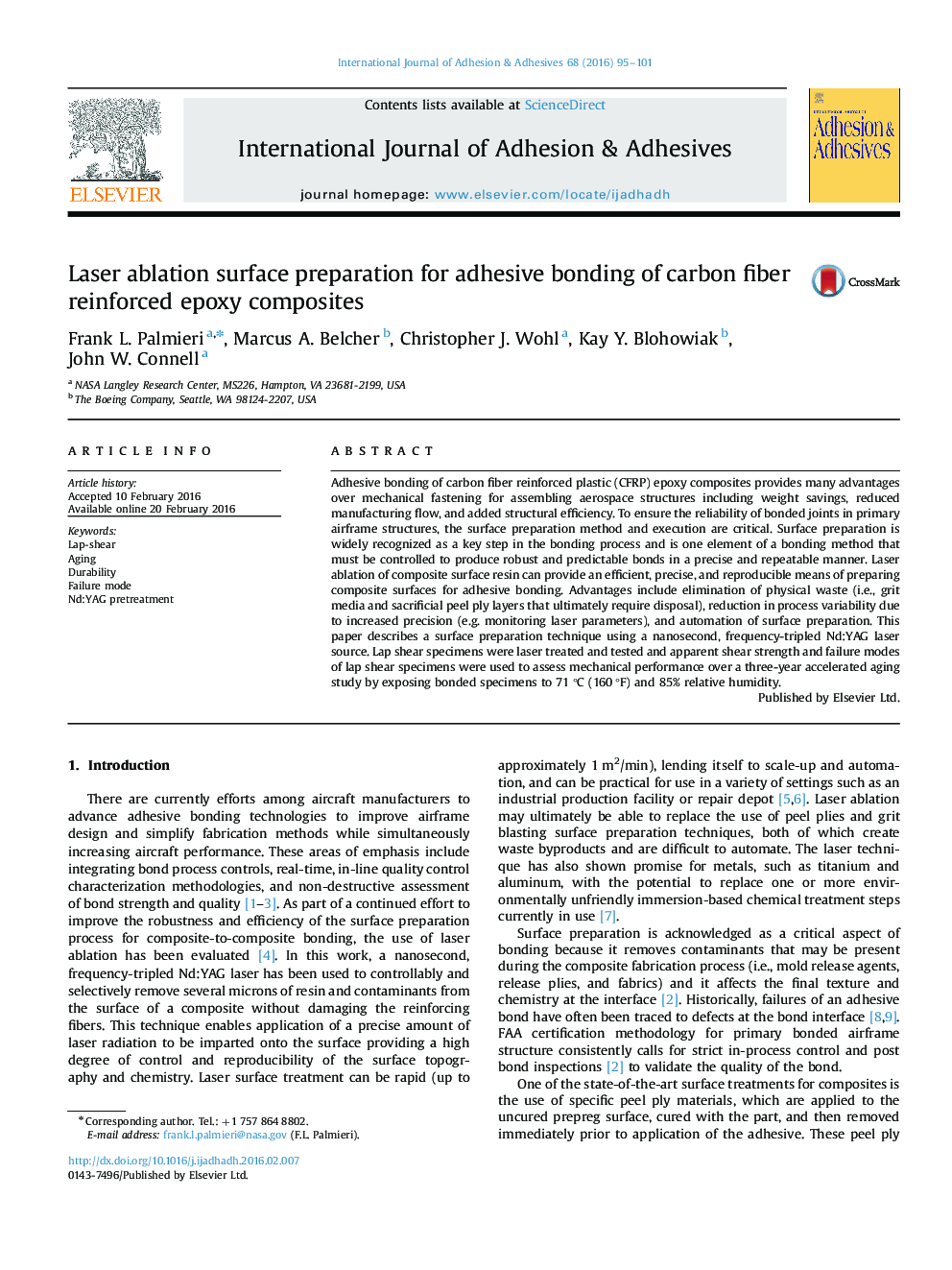 Laser ablation surface preparation for adhesive bonding of carbon fiber reinforced epoxy composites