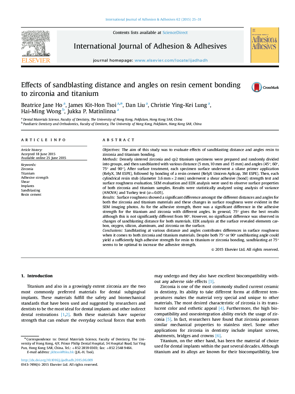 Effects of sandblasting distance and angles on resin cement bonding to zirconia and titanium