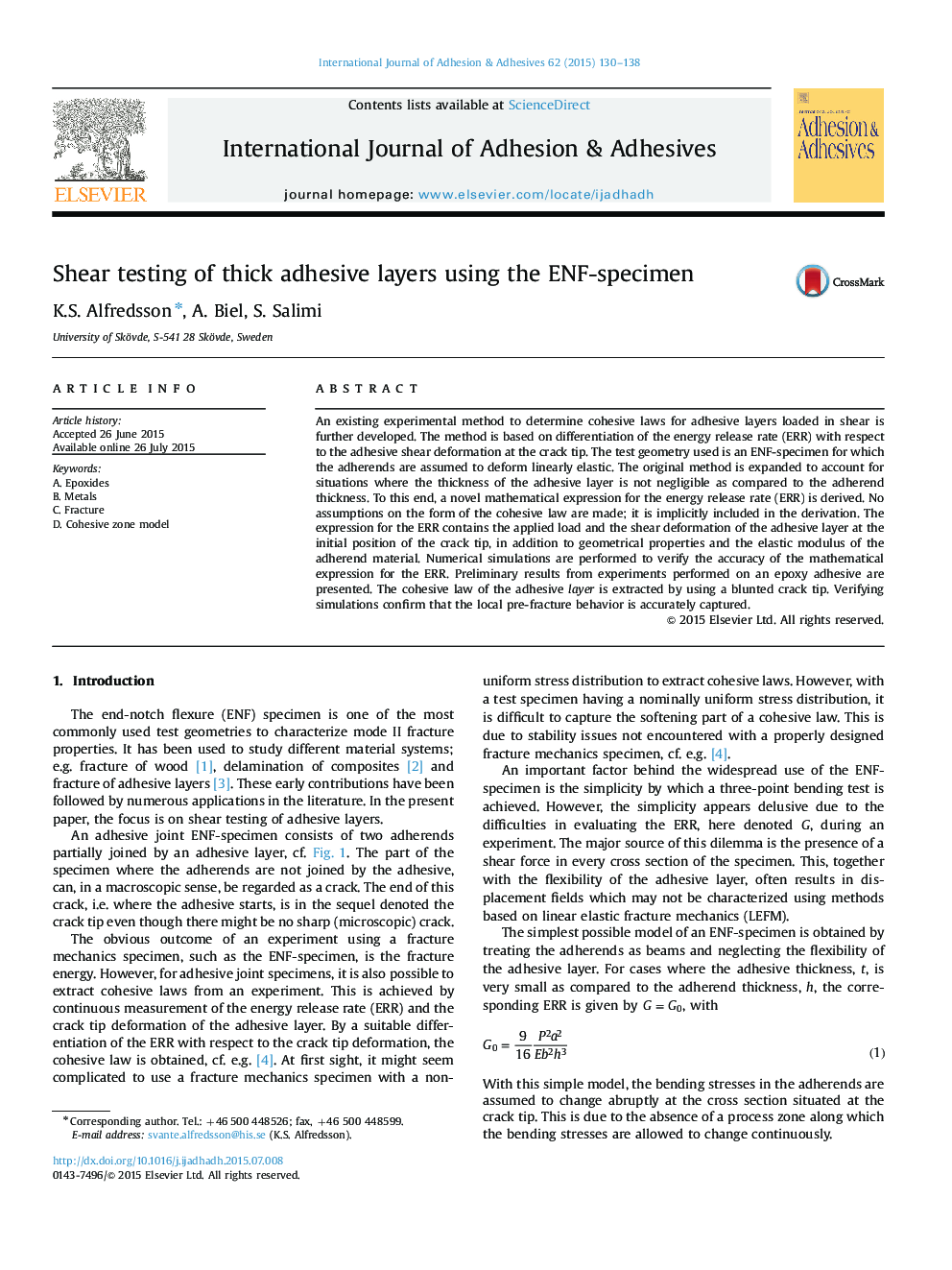 Shear testing of thick adhesive layers using the ENF-specimen